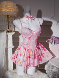 Sexy Lingerie Lace See-Through Temptation Hollow Floral Nightdress Valentine's Day Two-Piece Set
