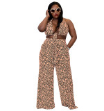 Plus Size Women's Summer Print Low Back Vest Wide Leg Pants Sexy Fashion Two-Piece Set