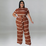 Plus Size Women's Round Neck Ribbed Short Sleeve Lace-Up Top Pants Two-Piece Set