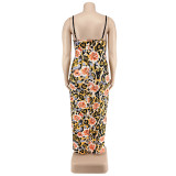 Plus Size Women's Summer Floral Print Strap Sexy Slit Bodycon Dress