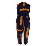 Summer Plus Size Women's Print Fashion V-Neck Sleeveless Two-Piece Trousers Set