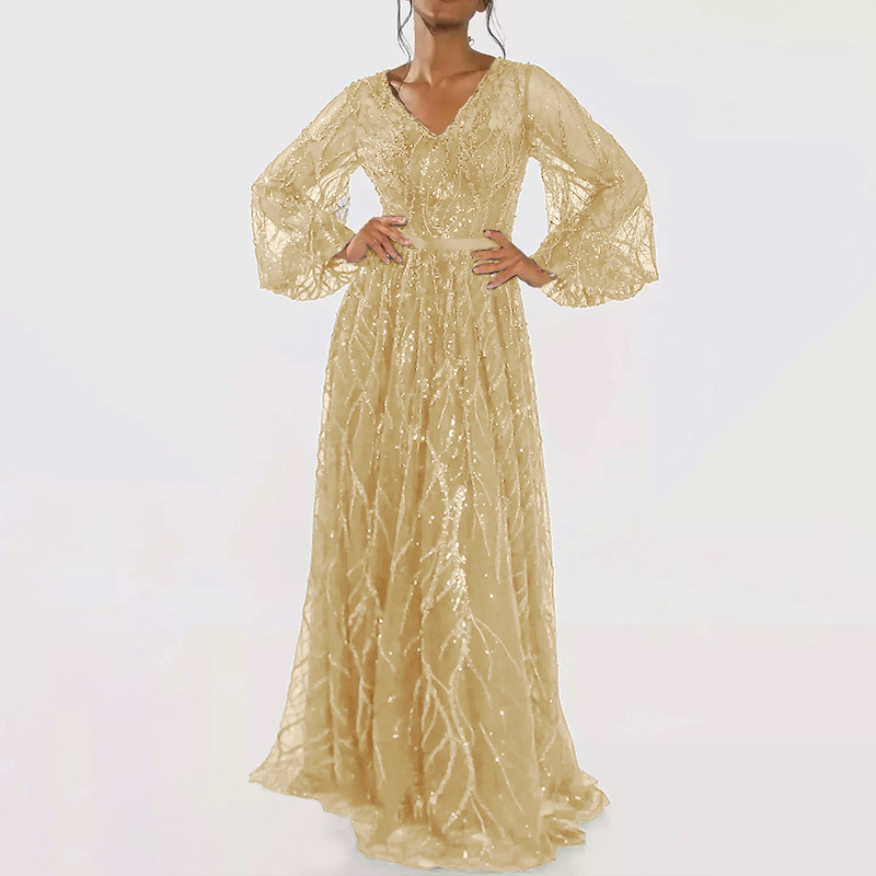 Sequined V-Neck Long Sleeve Lace Long Party Dress(Processing time need 3-6 days)