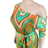 Plus Size Women's Summer Slash Shoulder Print Short Sleeve Wide Leg Jumpsuit