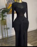 Women's Spring Solid Color Long Sleeve Round Neck Tight Fitting Long Dress