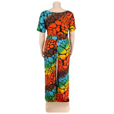Plus Size Women's Summer Print Fashion Casual Lace-Up Top Wide Leg Pants Two-Piece Set