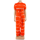 Plus Size Women's Round Neck Ribbed Short Sleeve Lace-Up Top Pants Two-Piece Set