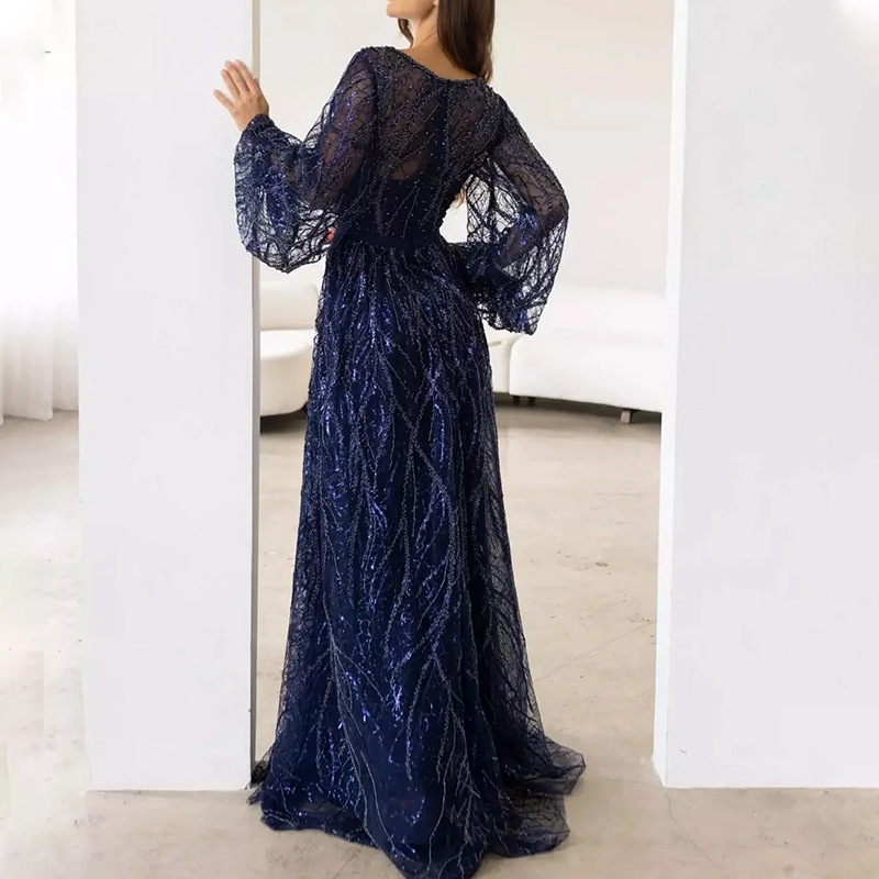 Sequined V-Neck Long Sleeve Lace Long Party Dress(Processing time need 3-6 days)