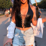 Women Halter Neck Lace-Up Sexy Hollow Crop Pu Leather Vest