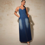 Women's Denim Strap Casual Long Dress