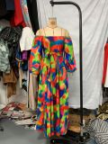 Spring Women Sexy Off Shoulder Bubble Long Sleeve Print Slim Waist Long Dress