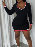 Women's Plus Size Slim V Neck Solid Color Long Sleeve Bodycon Dress