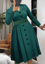 Plus Size  V Neck Turndown Collar A-Line Belt Shirt Dress