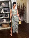 Women's Fashion Trend Worn Hollow Sexy Vest High Slit Denim Skirt Two-Piece Set