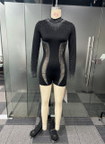 Sexy Beaded See-Through Mesh Patchwork Long Sleeve Slim Fit Jumpsuit