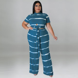Plus Size Women's Round Neck Ribbed Short Sleeve Lace-Up Top Pants Two-Piece Set