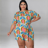 Plus Size Women's Summer Slash Shoulder Print Short Sleeve Jumpsuit With Belt