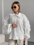 Women Spring and Summer Casual Turndown Clar Lantern Sleeve Career Shirt