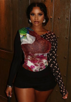 Women Casual print Patchwork V-neck long-sleeved T-shirt