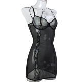 Women Leopard Print See-Through Suspender Dress Lace-Up Sexy Lingerie