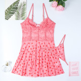 Women Pink Heart Print See-Through Suspender Nightdress Sexy Lingerie Set