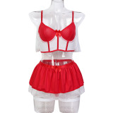Women Red and White Contrast Off-the-shoulder Thong Stockings Sexy Lingerie Four-Piece Set