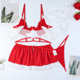 Women Red and White Contrast Off-the-shoulder Thong Stockings Sexy Lingerie Four-Piece Set