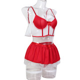 Women Red and White Contrast Off-the-shoulder Thong Stockings Sexy Lingerie Four-Piece Set