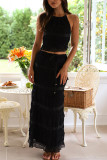 Women Spring Summer Sleeveless Chiffon Top and Skirt Two-piece Set