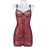 Women Leopard Print See-Through Suspender Dress Lace-Up Sexy Lingerie