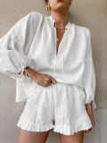 Women Spring White V-neck Lantern Sleeve Long Sleeve Top and Shorts Two-piece Set