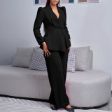 Women Elegant Ruffled Long Sleeve Top Wide Leg Pants Two-Piece Set