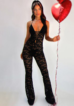 Women Sexy Solid Lace See-Through Backless Halter Neck Bodysuit Women Sexy Solid Lace See-Through Backless Halter Neck Bodysuit