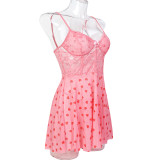 Women Pink Heart Print See-Through Suspender Nightdress Sexy Lingerie Set