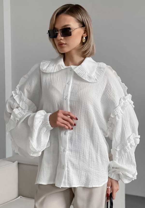 Women Spring and Summer Casual Turndown Clar Lantern Sleeve Career Shirt