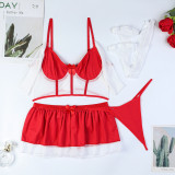 Women Red and White Contrast Off-the-shoulder Thong Stockings Sexy Lingerie Four-Piece Set