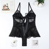 Women See-Through Hollow Suspender Bodysuit Mesh Skirt Sexy Lingerie