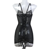 Women Leopard Print See-Through Suspender Dress Lace-Up Sexy Lingerie