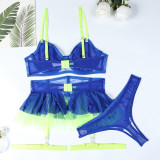 Women Blue Mesh See-Through Tutu Skirt Contrast Patchwork Embroidery Suspender Sexy Lingerie Three-Piece