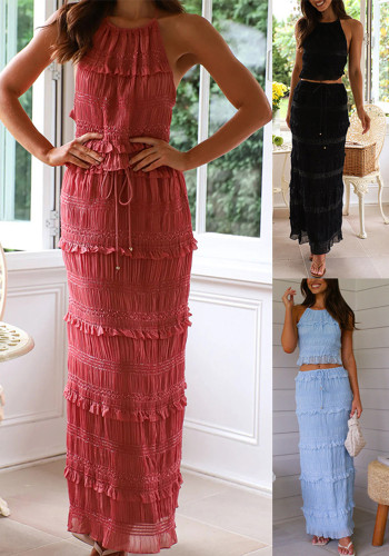 Women Spring Summer Sleeveless Chiffon Top and Skirt Two-piece Set