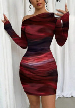 Women Printed Slash Shoulder Long Sleeve Bodycon Dress Women Printed Slash Shoulder Long Sleeve Bodycon Dress