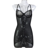 Women Leopard Print See-Through Suspender Dress Lace-Up Sexy Lingerie