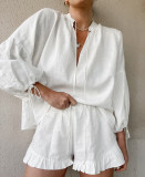 Women Spring White V-neck Lantern Sleeve Long Sleeve Top and Shorts Two-piece Set