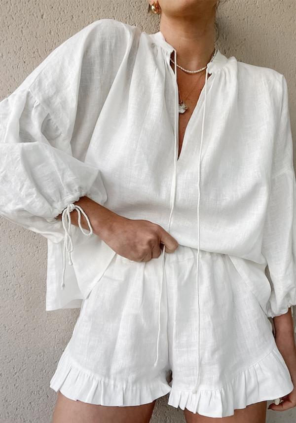 Women Spring White V-neck Lantern Sleeve Long Sleeve Top and Shorts Two-piece Set