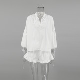 Women Spring White V-neck Lantern Sleeve Long Sleeve Top and Shorts Two-piece Set