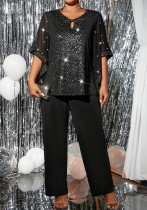 Plus Size Women Mesh Patchwork Top and Pants Two-piece Set