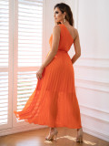Women Collarless One-Shoulder Chiffon Pleated Dress