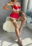 Women Red and White Contrast Off-the-shoulder Thong Stockings Sexy Lingerie Four-Piece Set