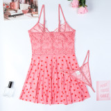 Women Pink Heart Print See-Through Suspender Nightdress Sexy Lingerie Set