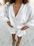 Women Spring White V-neck Lantern Sleeve Long Sleeve Top and Shorts Two-piece Set
