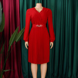 Women Spring V-Neck Pleated African Dress